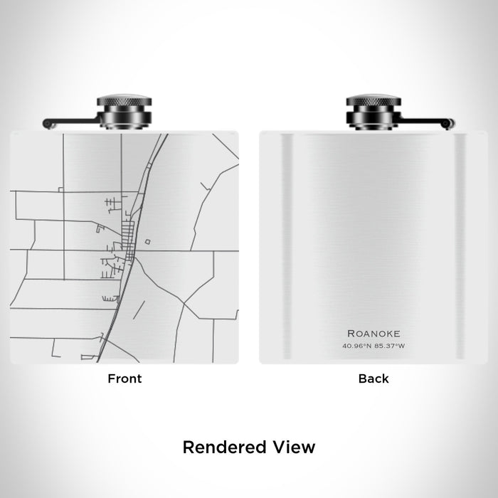 Rendered View of Roanoke Indiana Map Engraving on 6oz Stainless Steel Flask in White