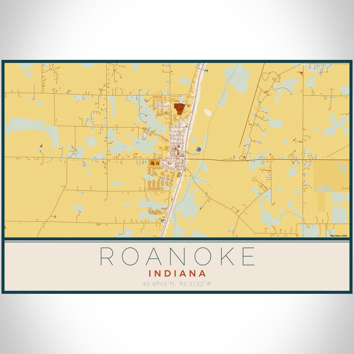 Roanoke Indiana Map Print Landscape Orientation in Woodblock Style With Shaded Background