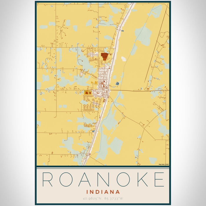 Roanoke Indiana Map Print Portrait Orientation in Woodblock Style With Shaded Background