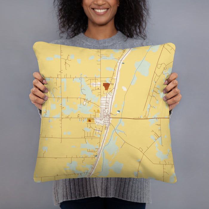 Person holding 18x18 Custom Roanoke Indiana Map Throw Pillow in Woodblock