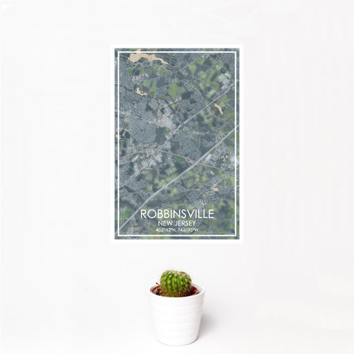 12x18 Robbinsville New Jersey Map Print Portrait Orientation in Afternoon Style With Small Cactus Plant in White Planter