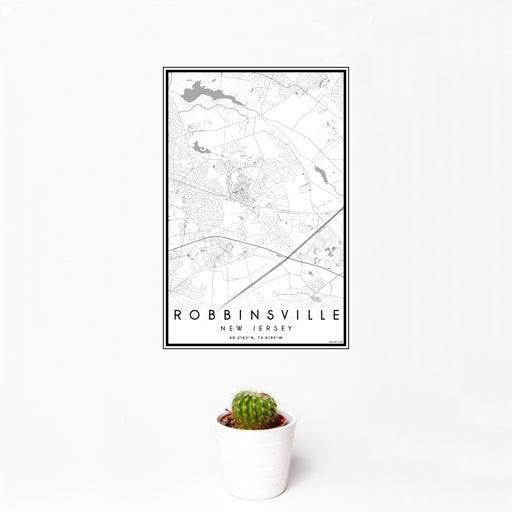 12x18 Robbinsville New Jersey Map Print Portrait Orientation in Classic Style With Small Cactus Plant in White Planter