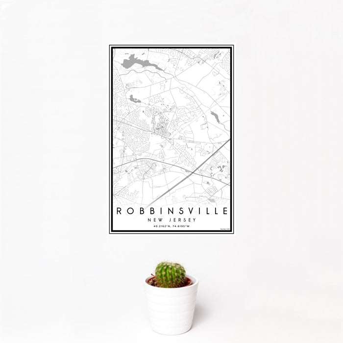 12x18 Robbinsville New Jersey Map Print Portrait Orientation in Classic Style With Small Cactus Plant in White Planter