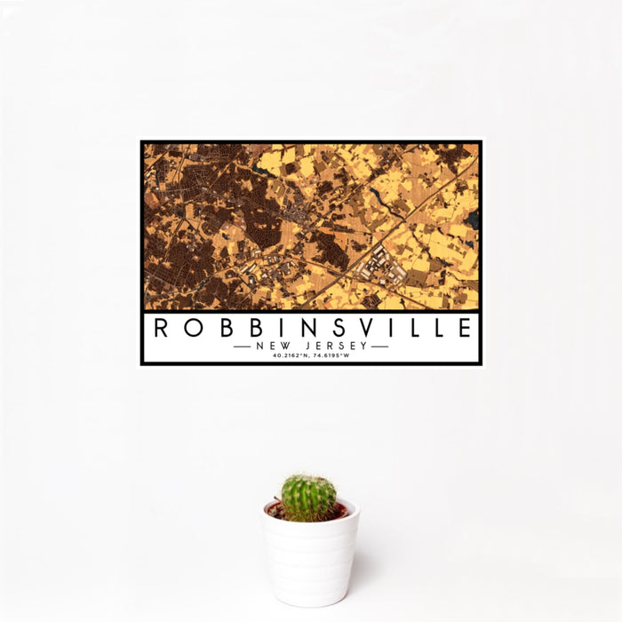12x18 Robbinsville New Jersey Map Print Landscape Orientation in Ember Style With Small Cactus Plant in White Planter
