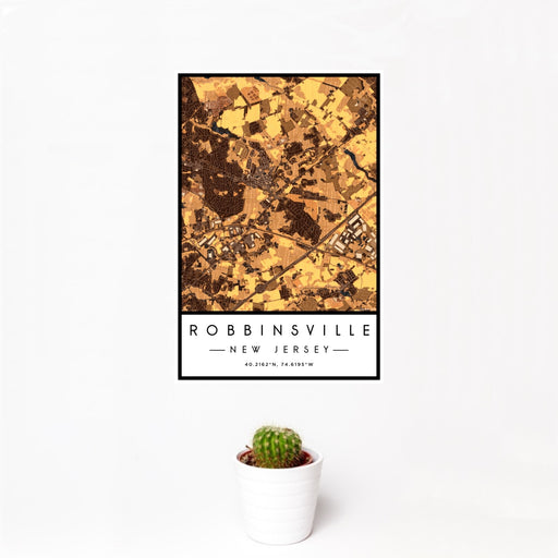 12x18 Robbinsville New Jersey Map Print Portrait Orientation in Ember Style With Small Cactus Plant in White Planter