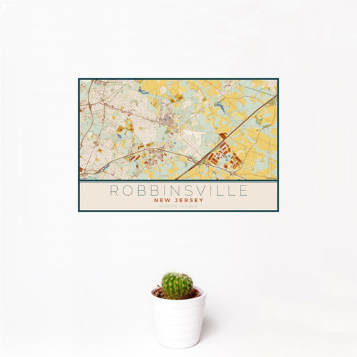 12x18 Robbinsville New Jersey Map Print Landscape Orientation in Woodblock Style With Small Cactus Plant in White Planter