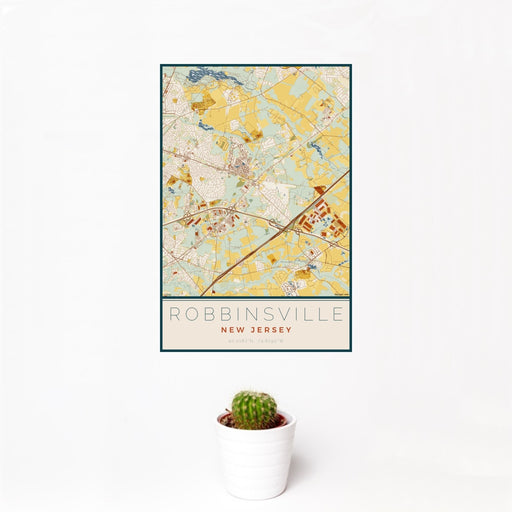 12x18 Robbinsville New Jersey Map Print Portrait Orientation in Woodblock Style With Small Cactus Plant in White Planter