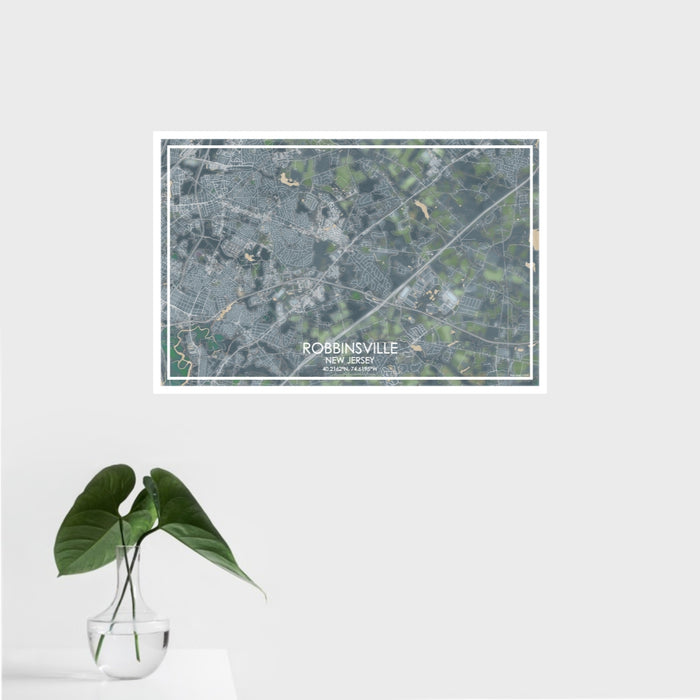 16x24 Robbinsville New Jersey Map Print Landscape Orientation in Afternoon Style With Tropical Plant Leaves in Water