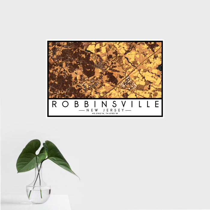16x24 Robbinsville New Jersey Map Print Landscape Orientation in Ember Style With Tropical Plant Leaves in Water