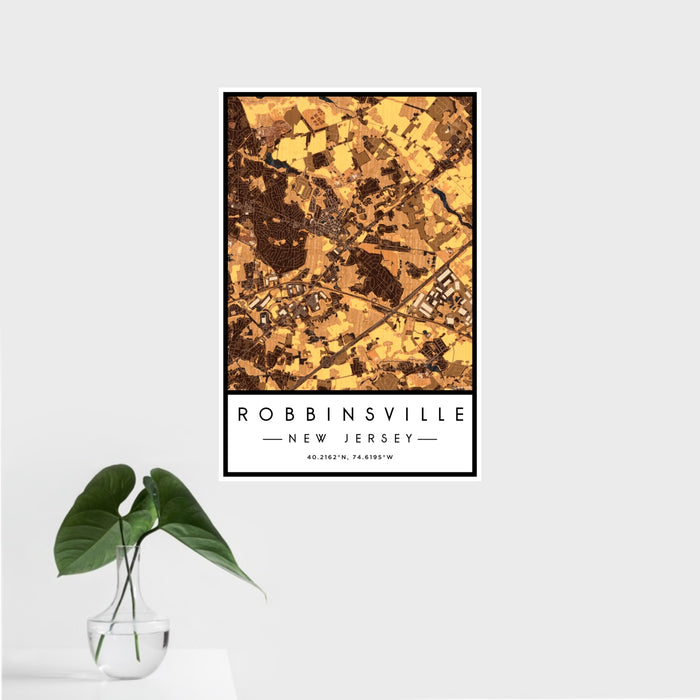 16x24 Robbinsville New Jersey Map Print Portrait Orientation in Ember Style With Tropical Plant Leaves in Water