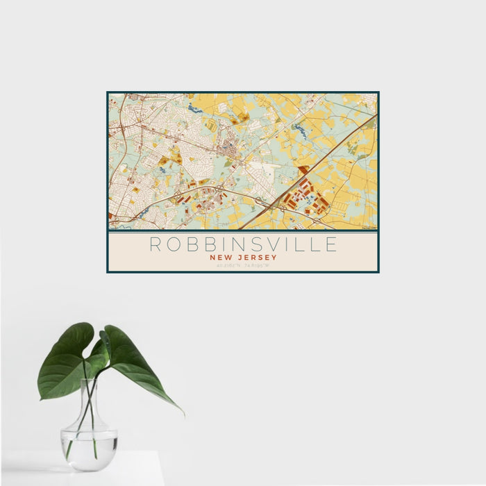 16x24 Robbinsville New Jersey Map Print Landscape Orientation in Woodblock Style With Tropical Plant Leaves in Water