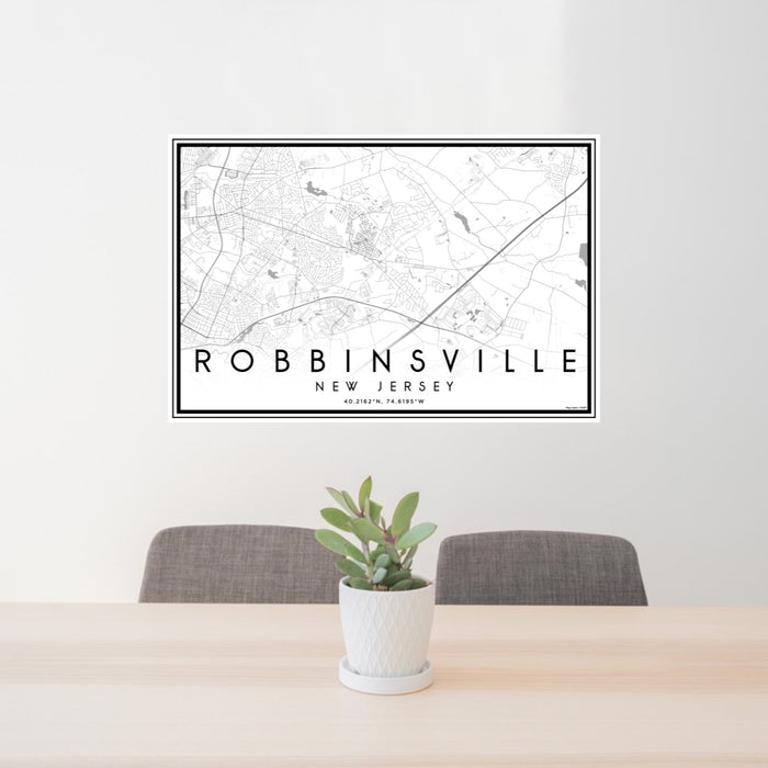 24x36 Robbinsville New Jersey Map Print Lanscape Orientation in Classic Style Behind 2 Chairs Table and Potted Plant