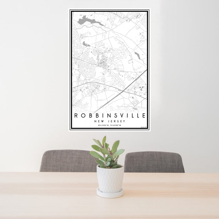 24x36 Robbinsville New Jersey Map Print Portrait Orientation in Classic Style Behind 2 Chairs Table and Potted Plant