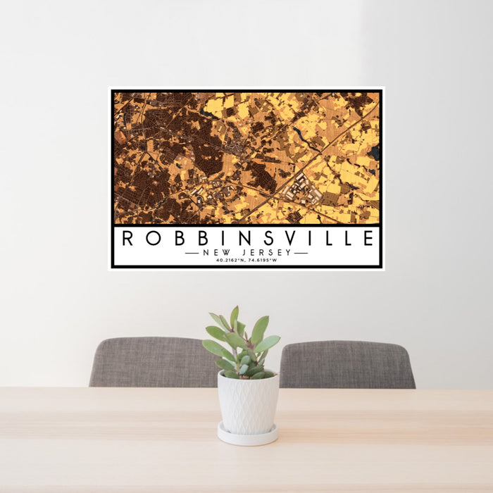 24x36 Robbinsville New Jersey Map Print Lanscape Orientation in Ember Style Behind 2 Chairs Table and Potted Plant