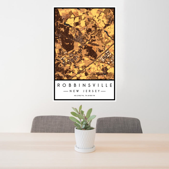 24x36 Robbinsville New Jersey Map Print Portrait Orientation in Ember Style Behind 2 Chairs Table and Potted Plant