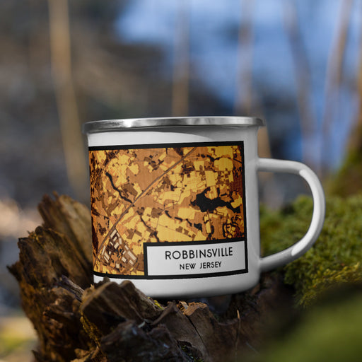 Right View Custom Robbinsville New Jersey Map Enamel Mug in Ember on Grass With Trees in Background