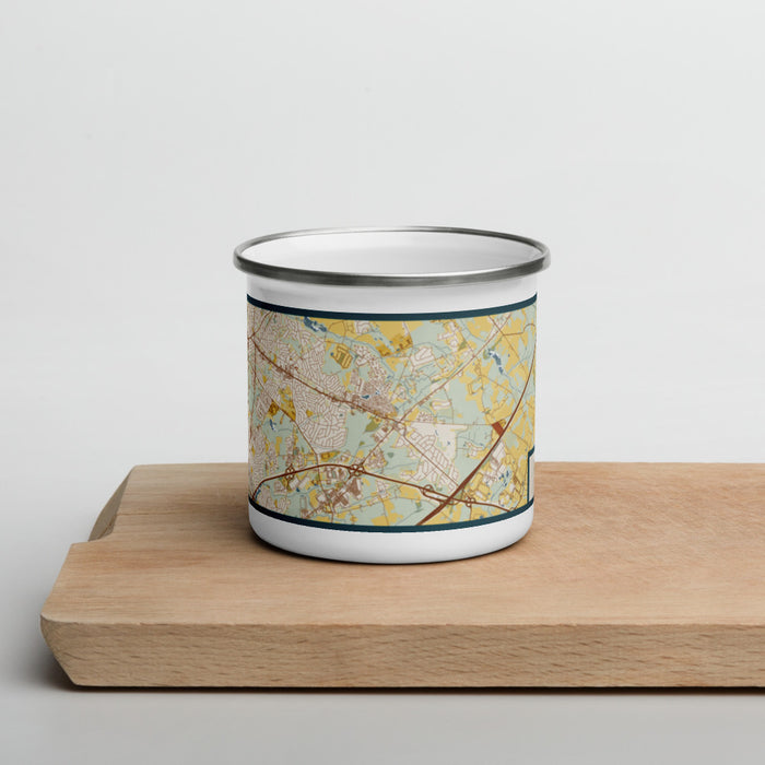 Front View Custom Robbinsville New Jersey Map Enamel Mug in Woodblock on Cutting Board
