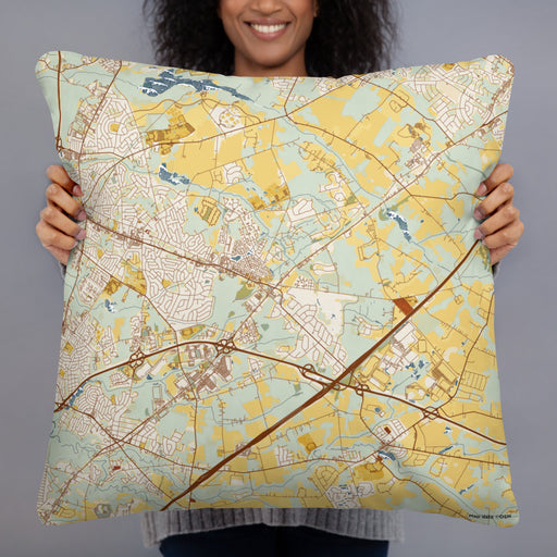 Person holding 22x22 Custom Robbinsville New Jersey Map Throw Pillow in Woodblock