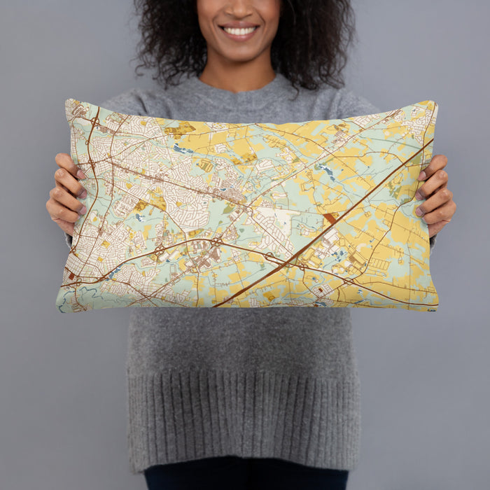 Person holding 20x12 Custom Robbinsville New Jersey Map Throw Pillow in Woodblock