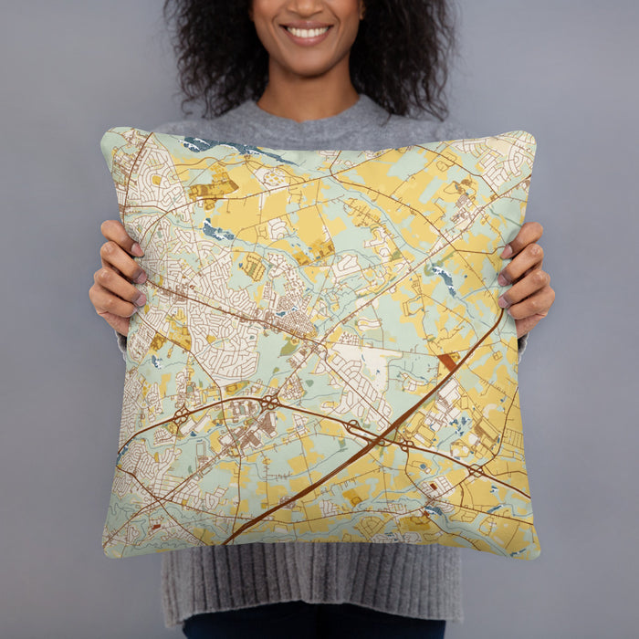 Person holding 18x18 Custom Robbinsville New Jersey Map Throw Pillow in Woodblock