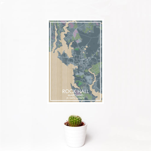 12x18 Rock Hall Maryland Map Print Portrait Orientation in Afternoon Style With Small Cactus Plant in White Planter