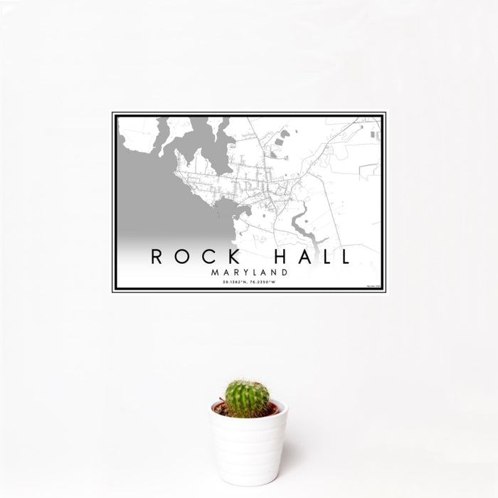 12x18 Rock Hall Maryland Map Print Landscape Orientation in Classic Style With Small Cactus Plant in White Planter