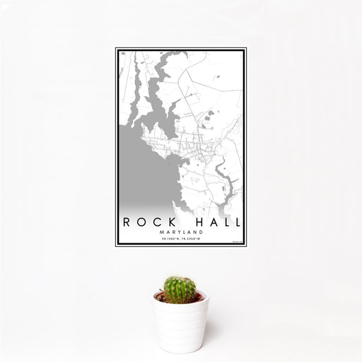 12x18 Rock Hall Maryland Map Print Portrait Orientation in Classic Style With Small Cactus Plant in White Planter