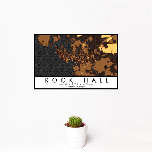 12x18 Rock Hall Maryland Map Print Landscape Orientation in Ember Style With Small Cactus Plant in White Planter