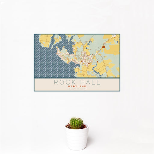 12x18 Rock Hall Maryland Map Print Landscape Orientation in Woodblock Style With Small Cactus Plant in White Planter