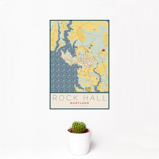 12x18 Rock Hall Maryland Map Print Portrait Orientation in Woodblock Style With Small Cactus Plant in White Planter