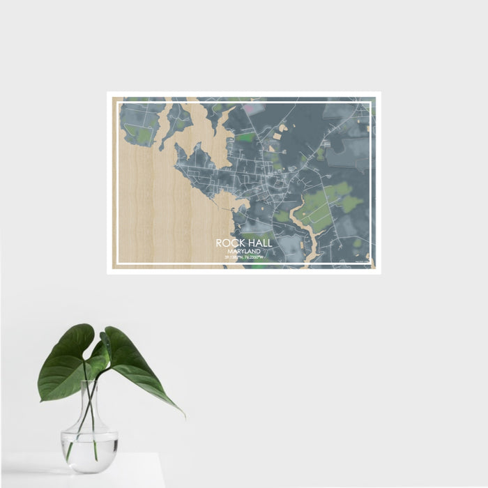 16x24 Rock Hall Maryland Map Print Landscape Orientation in Afternoon Style With Tropical Plant Leaves in Water