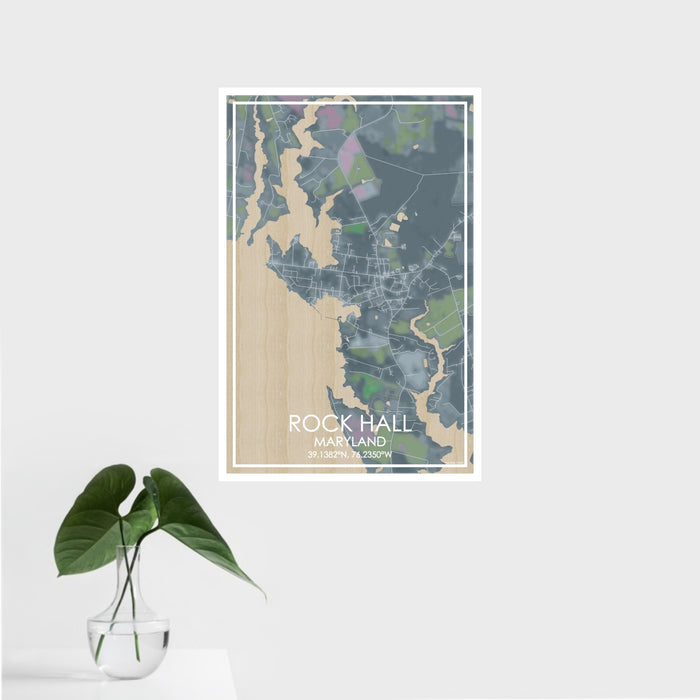 16x24 Rock Hall Maryland Map Print Portrait Orientation in Afternoon Style With Tropical Plant Leaves in Water