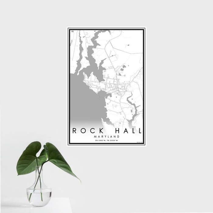 16x24 Rock Hall Maryland Map Print Portrait Orientation in Classic Style With Tropical Plant Leaves in Water