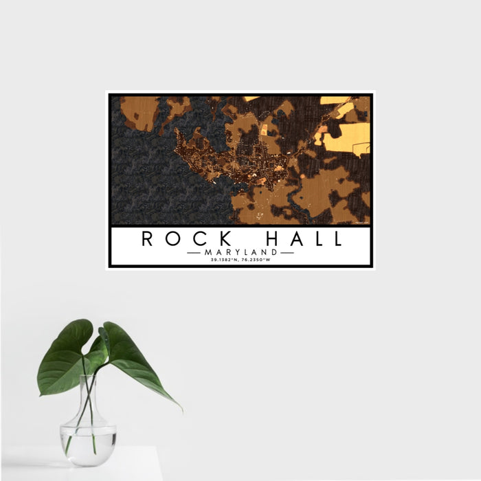 16x24 Rock Hall Maryland Map Print Landscape Orientation in Ember Style With Tropical Plant Leaves in Water
