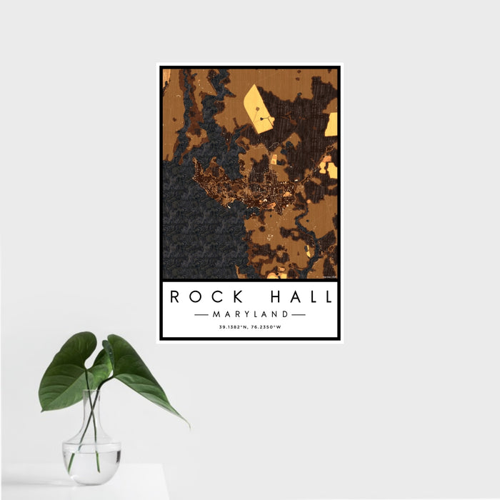 16x24 Rock Hall Maryland Map Print Portrait Orientation in Ember Style With Tropical Plant Leaves in Water