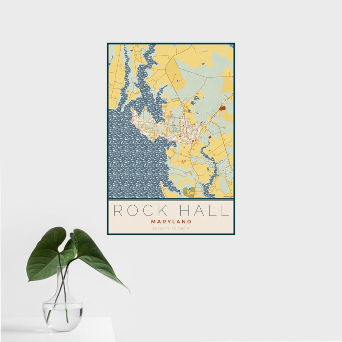 16x24 Rock Hall Maryland Map Print Portrait Orientation in Woodblock Style With Tropical Plant Leaves in Water