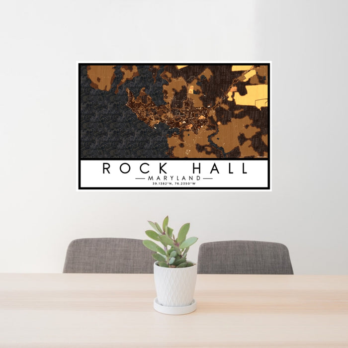 24x36 Rock Hall Maryland Map Print Lanscape Orientation in Ember Style Behind 2 Chairs Table and Potted Plant