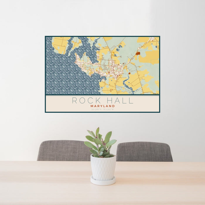 24x36 Rock Hall Maryland Map Print Lanscape Orientation in Woodblock Style Behind 2 Chairs Table and Potted Plant