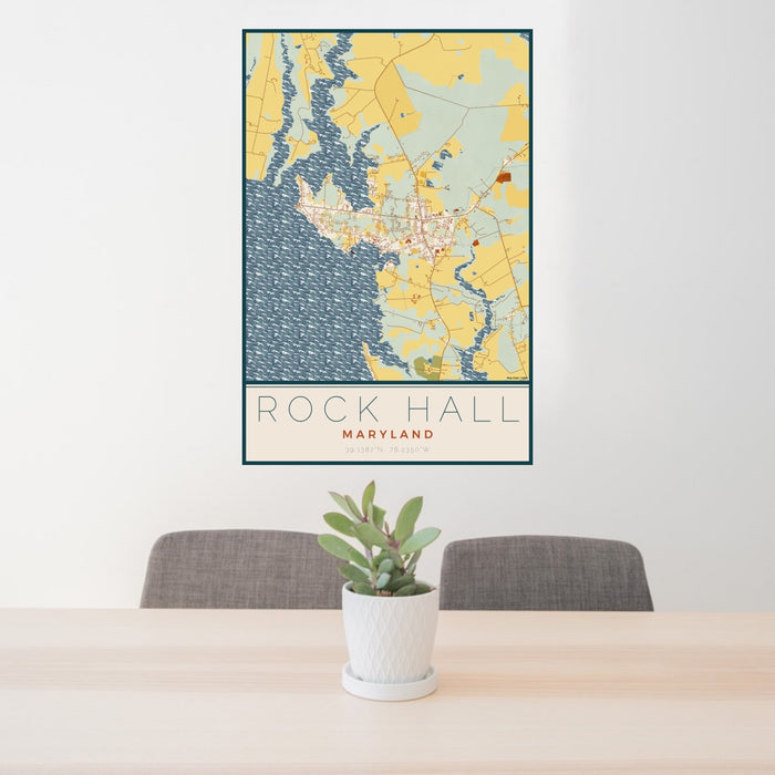 24x36 Rock Hall Maryland Map Print Portrait Orientation in Woodblock Style Behind 2 Chairs Table and Potted Plant