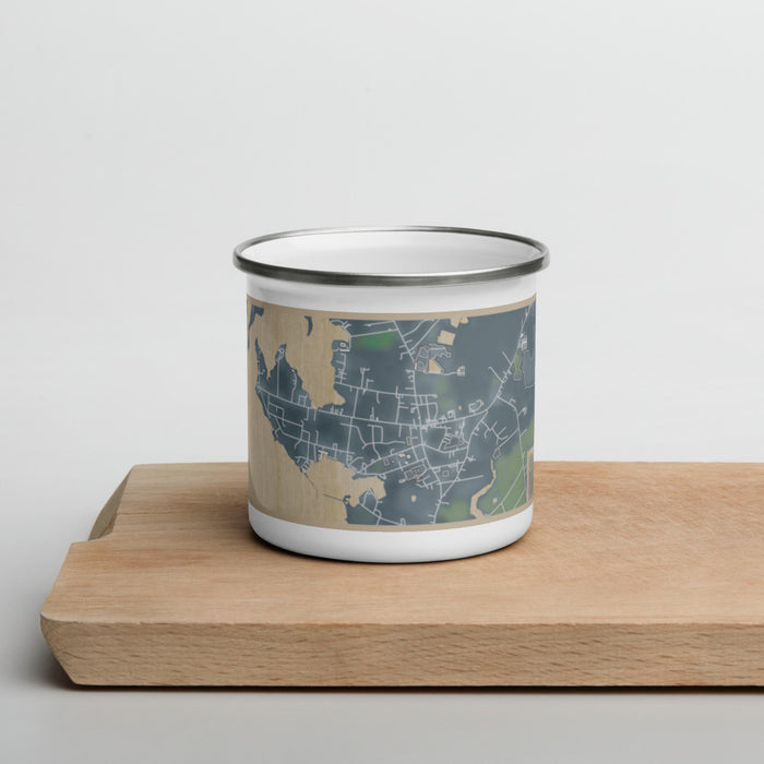 Front View Custom Rock Hall Maryland Map Enamel Mug in Afternoon on Cutting Board
