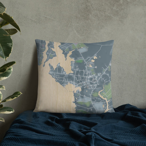 Custom Rock Hall Maryland Map Throw Pillow in Afternoon on Bedding Against Wall