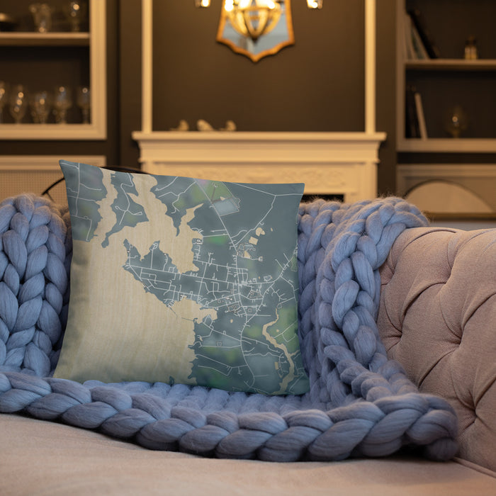 Custom Rock Hall Maryland Map Throw Pillow in Afternoon on Cream Colored Couch