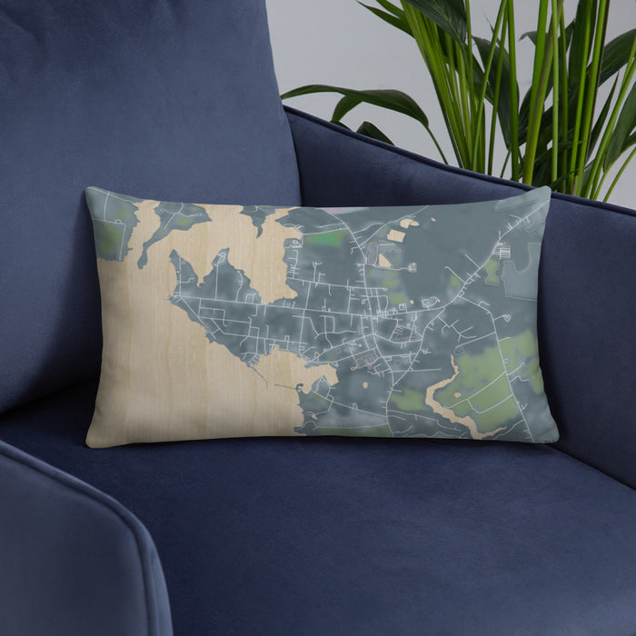 Custom Rock Hall Maryland Map Throw Pillow in Afternoon on Blue Colored Chair