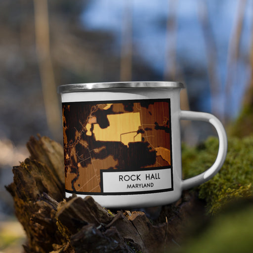 Right View Custom Rock Hall Maryland Map Enamel Mug in Ember on Grass With Trees in Background
