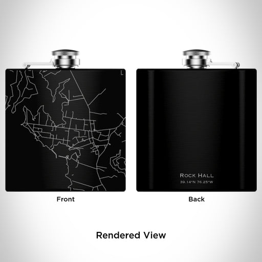 Rendered View of Rock Hall Maryland Map Engraving on 6oz Stainless Steel Flask in Black