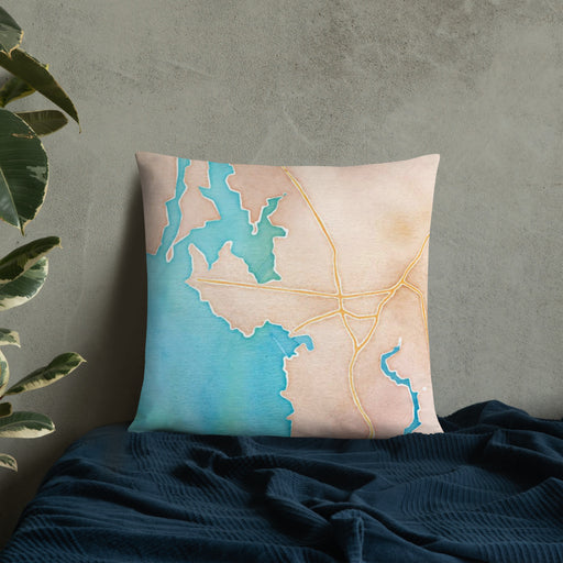 Custom Rock Hall Maryland Map Throw Pillow in Watercolor on Bedding Against Wall