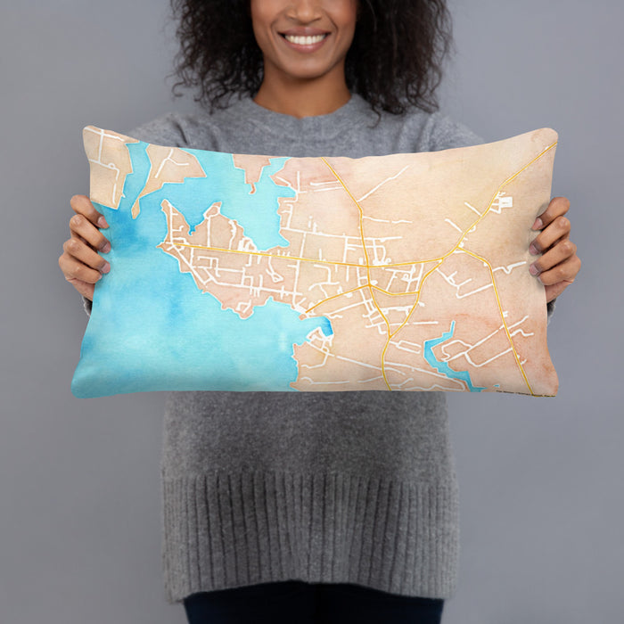 Person holding 20x12 Custom Rock Hall Maryland Map Throw Pillow in Watercolor