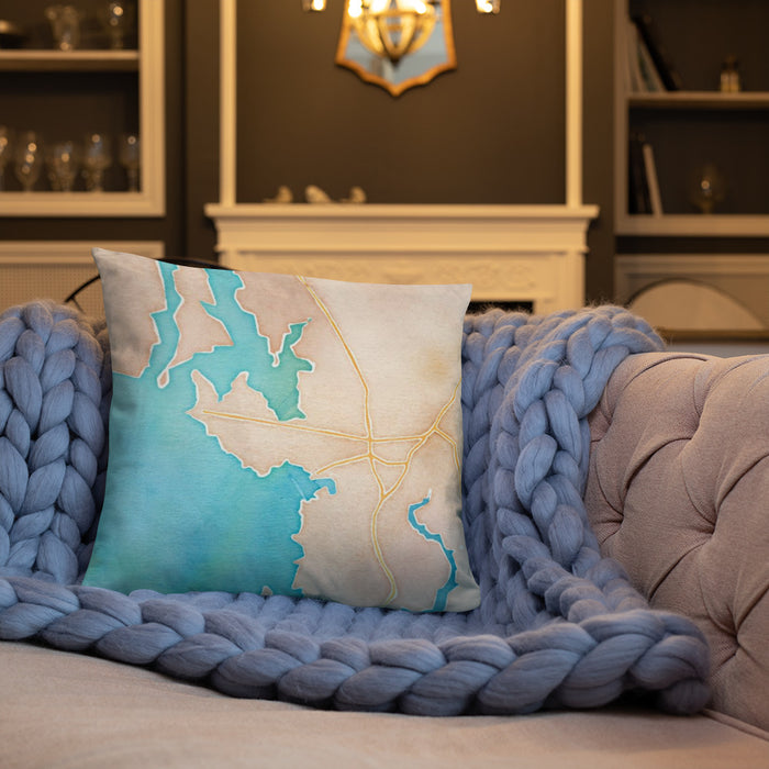 Custom Rock Hall Maryland Map Throw Pillow in Watercolor on Cream Colored Couch