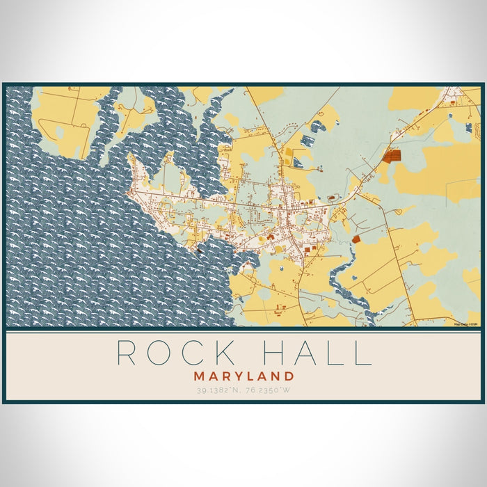 Rock Hall Maryland Map Print Landscape Orientation in Woodblock Style With Shaded Background