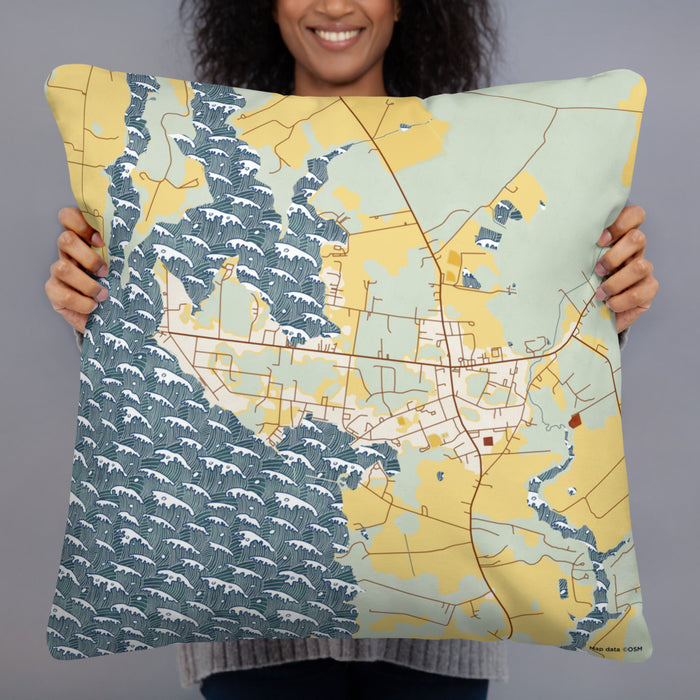 Person holding 22x22 Custom Rock Hall Maryland Map Throw Pillow in Woodblock
